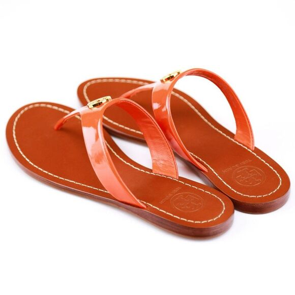 Tory Burch CAMERON Patent Leather Thong Fire Orange 5.5 - Picture 6 of 11